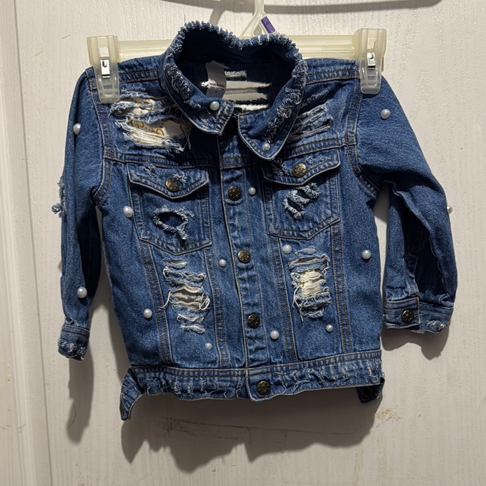 Toddler girl Distressed/upcycled with Gucci scarfs Denim Jacket handmade.